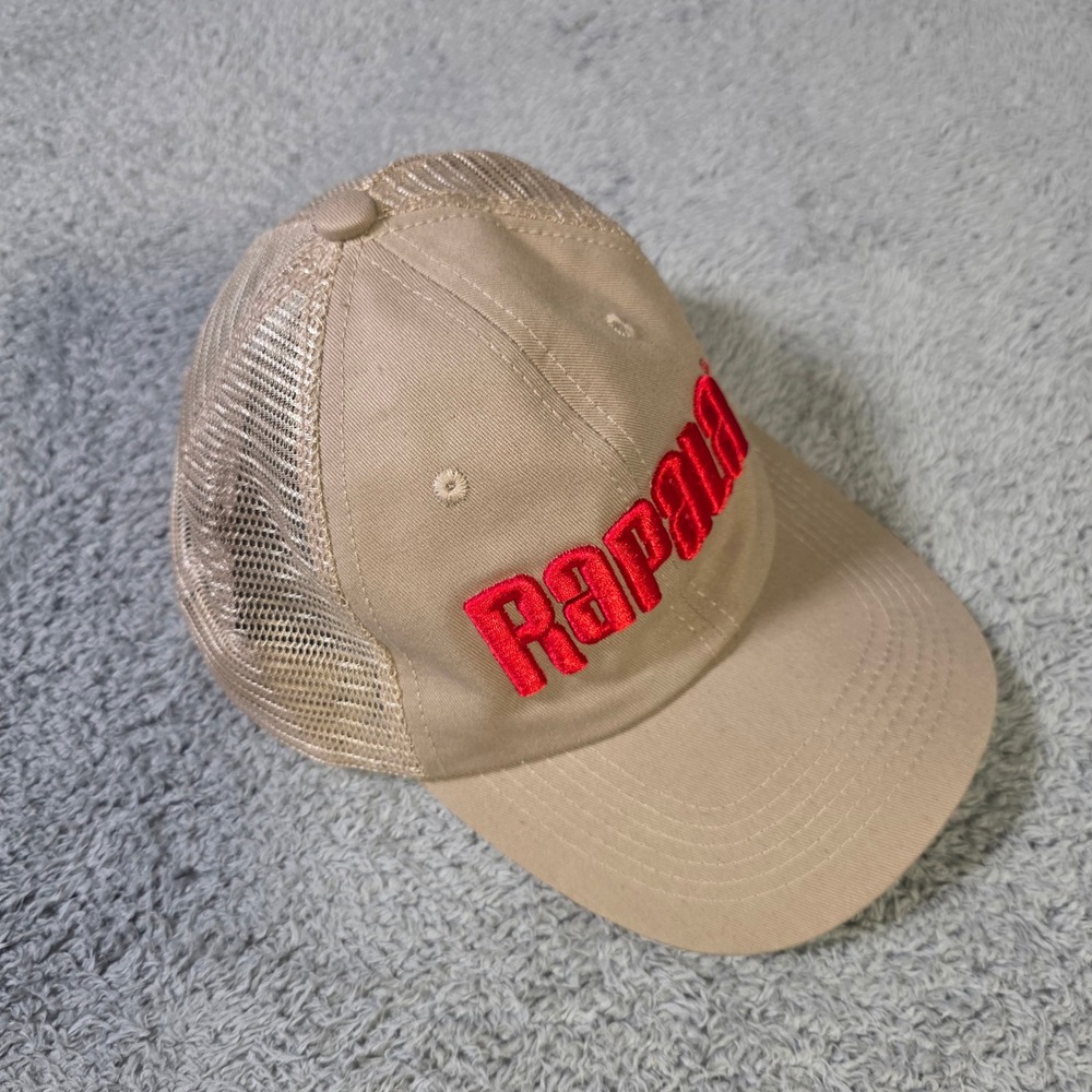 Rapala Mens OSFM Trucker Hat Tan Red Embroidered Logo Mesh Back Fishing Cap